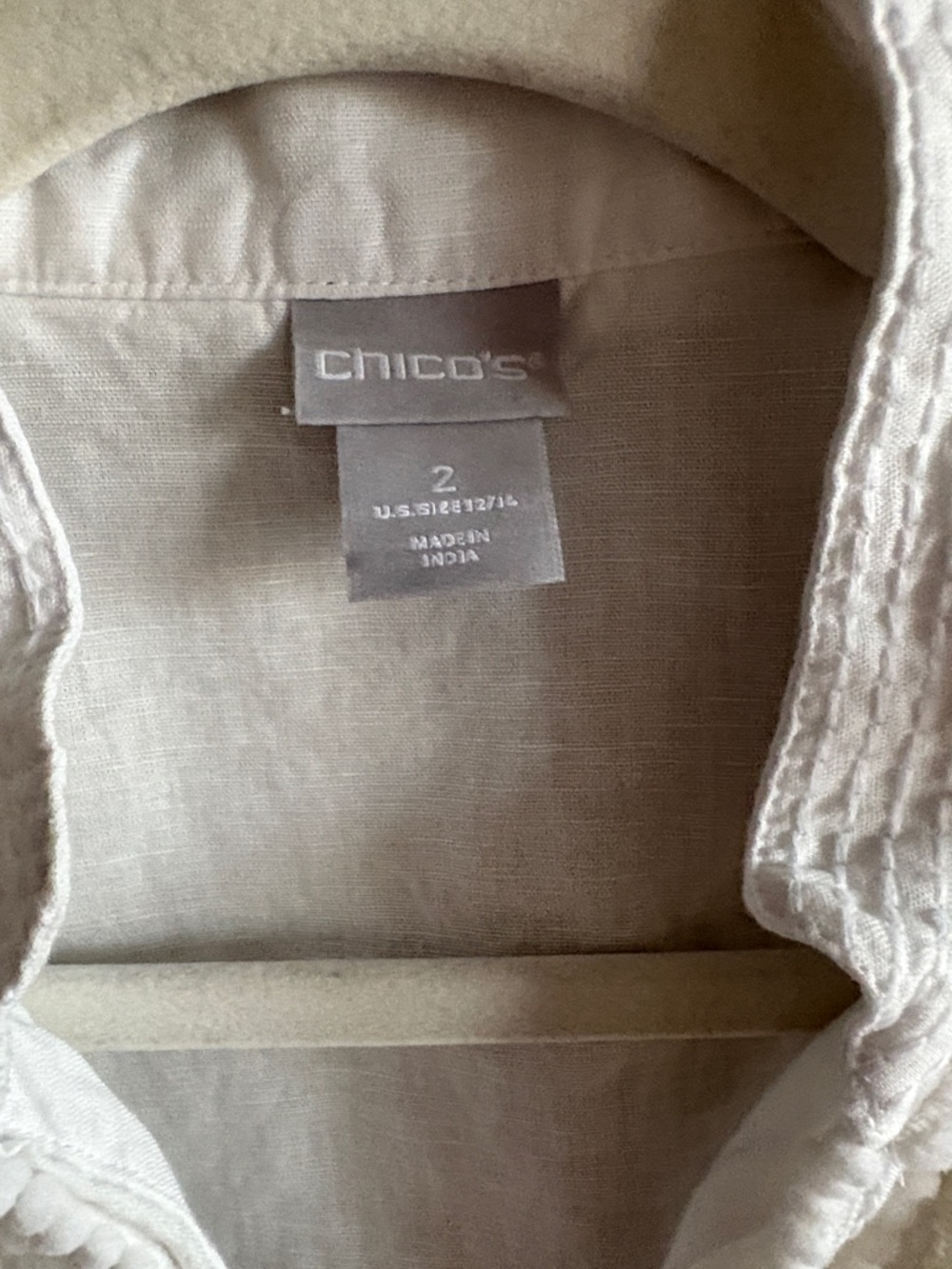 CHICO'S Linen-Blend Kurta Tunic Blouse White Pom-Pom Trim 3/4 Sleeve Size 2 - Picture 3 of 12